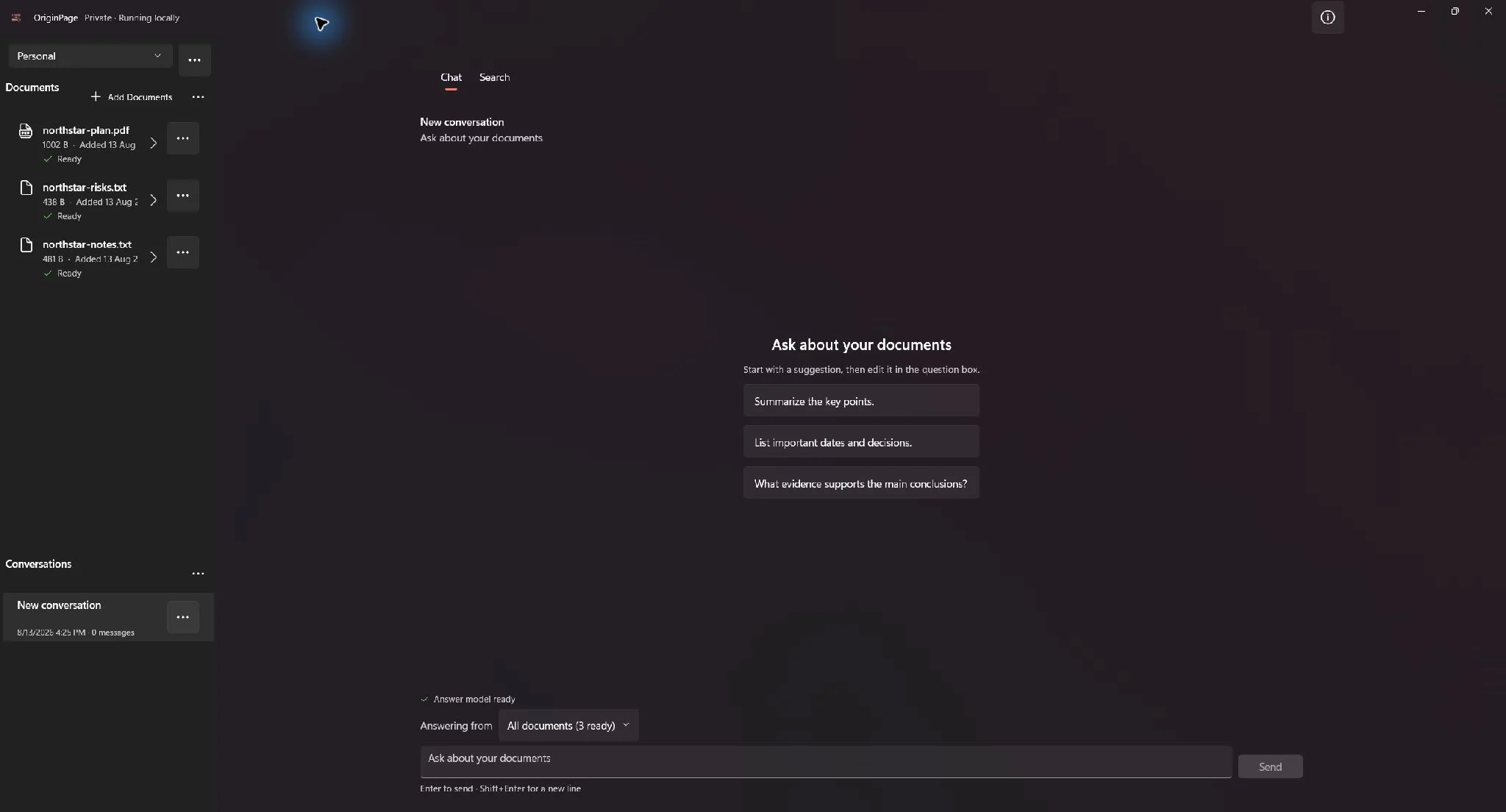 OriginPage with three Ready documents, one conversation, Chat and Search tabs, and the question composer