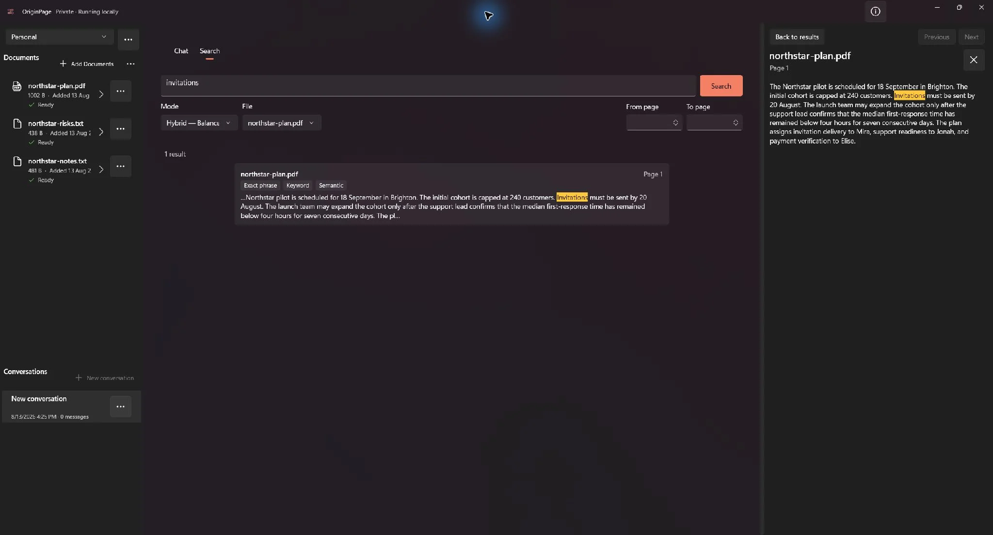Resizable source context inspector open beside a Direct Search result with Back, Previous result, and Next result controls