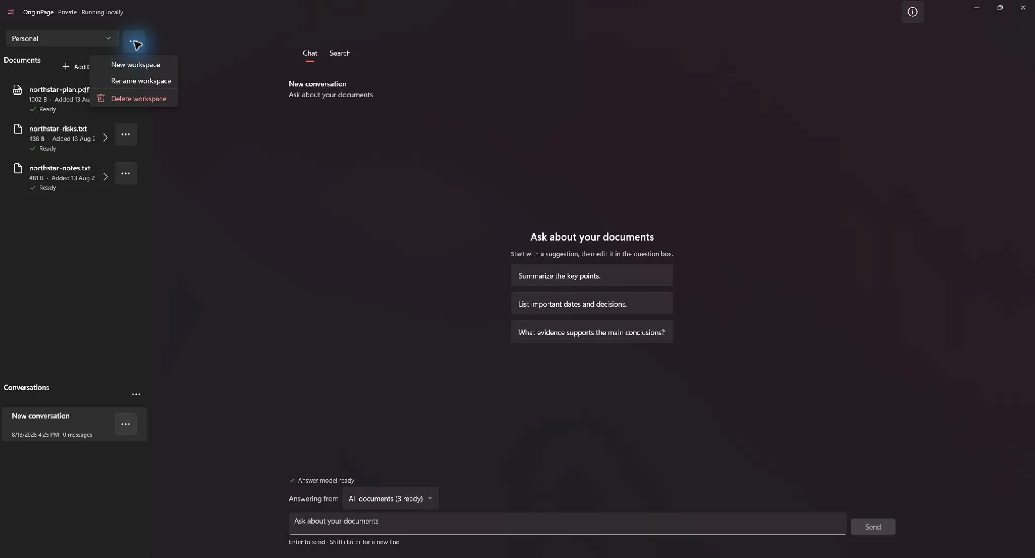 Workspace menu with New workspace, Rename workspace, and a separated Delete workspace action