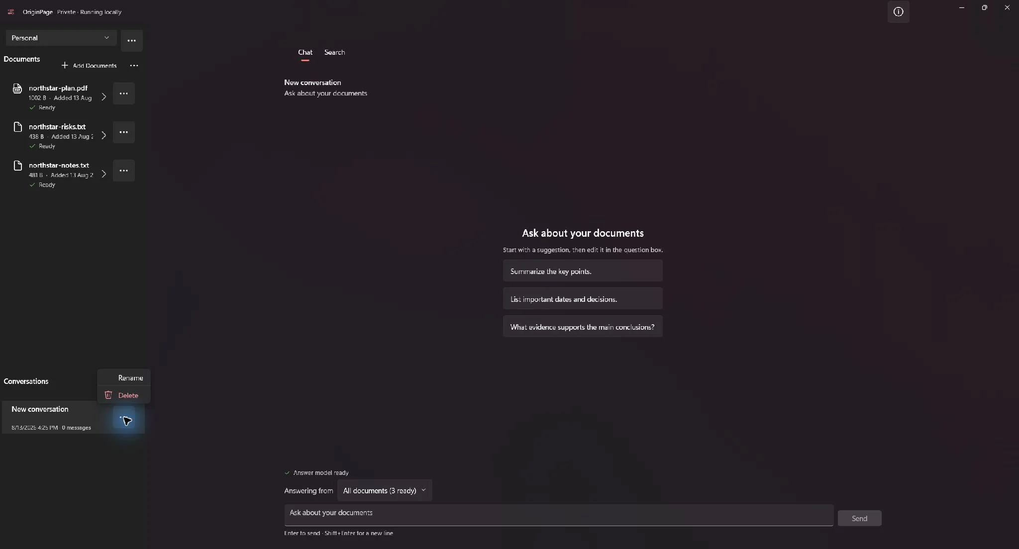 Conversation action menu showing Rename and a separated Delete action