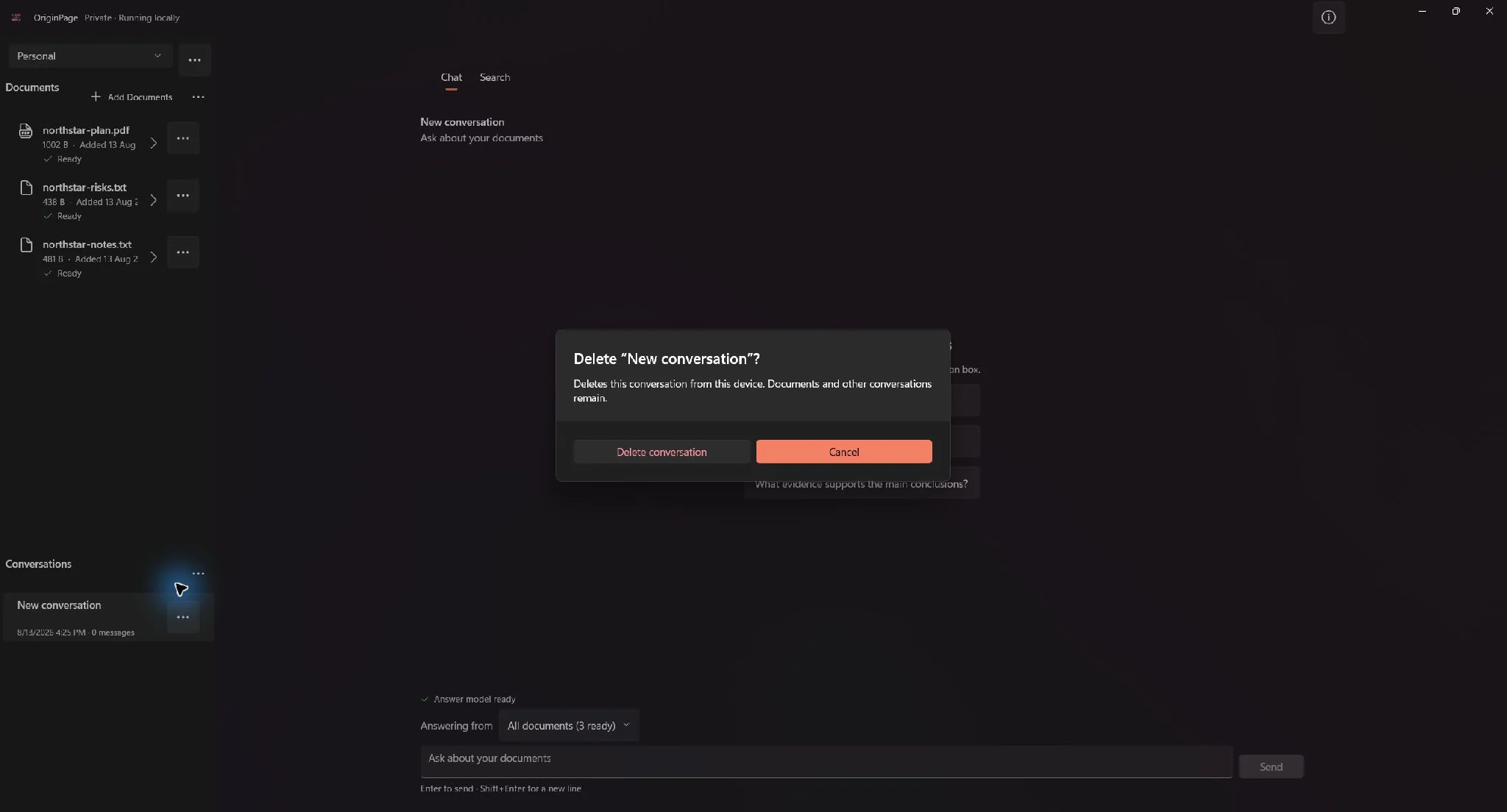 Delete conversation confirmation dialog naming the conversation, with Delete and Cancel buttons