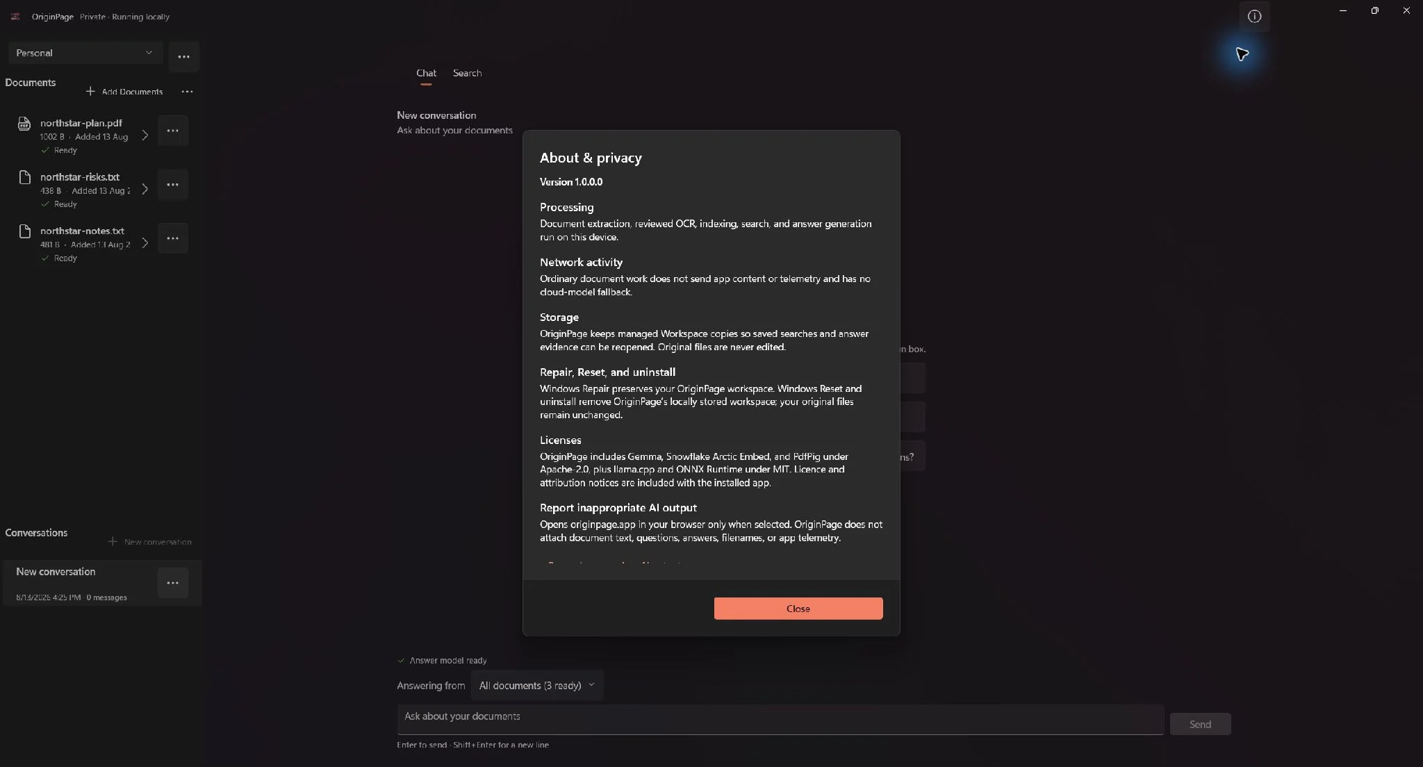 About and privacy dialog with Processing, Network activity, Storage, and Windows Repair, Reset, and uninstall sections