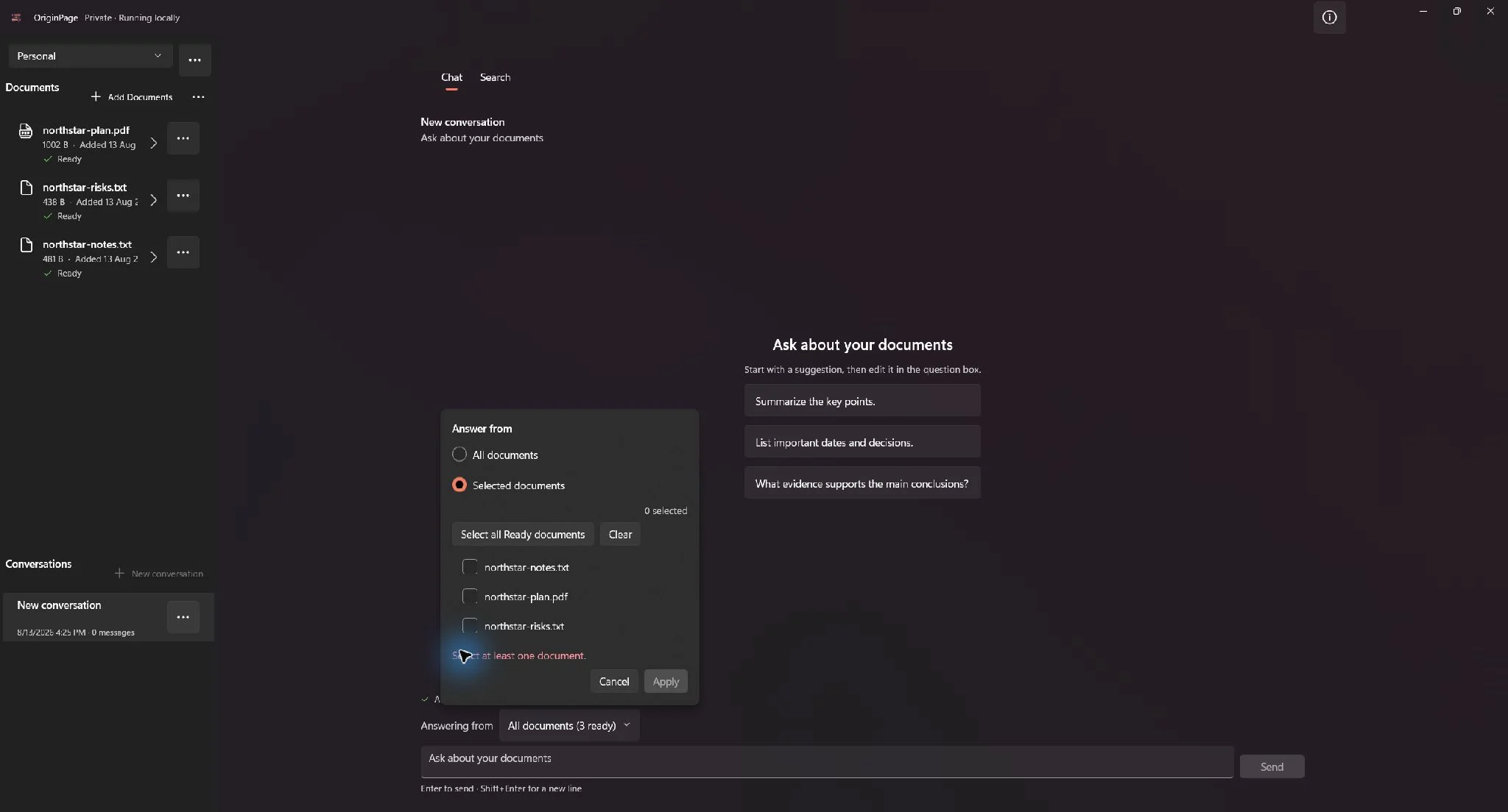 Question Scope panel showing ready-document and selected-document counts with selection controls