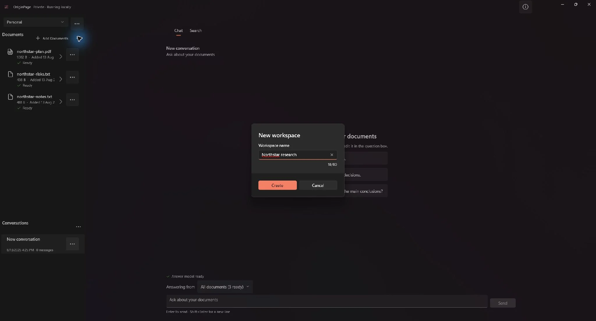 New workspace dialog with a labeled name field, character count, Create button, and Cancel button