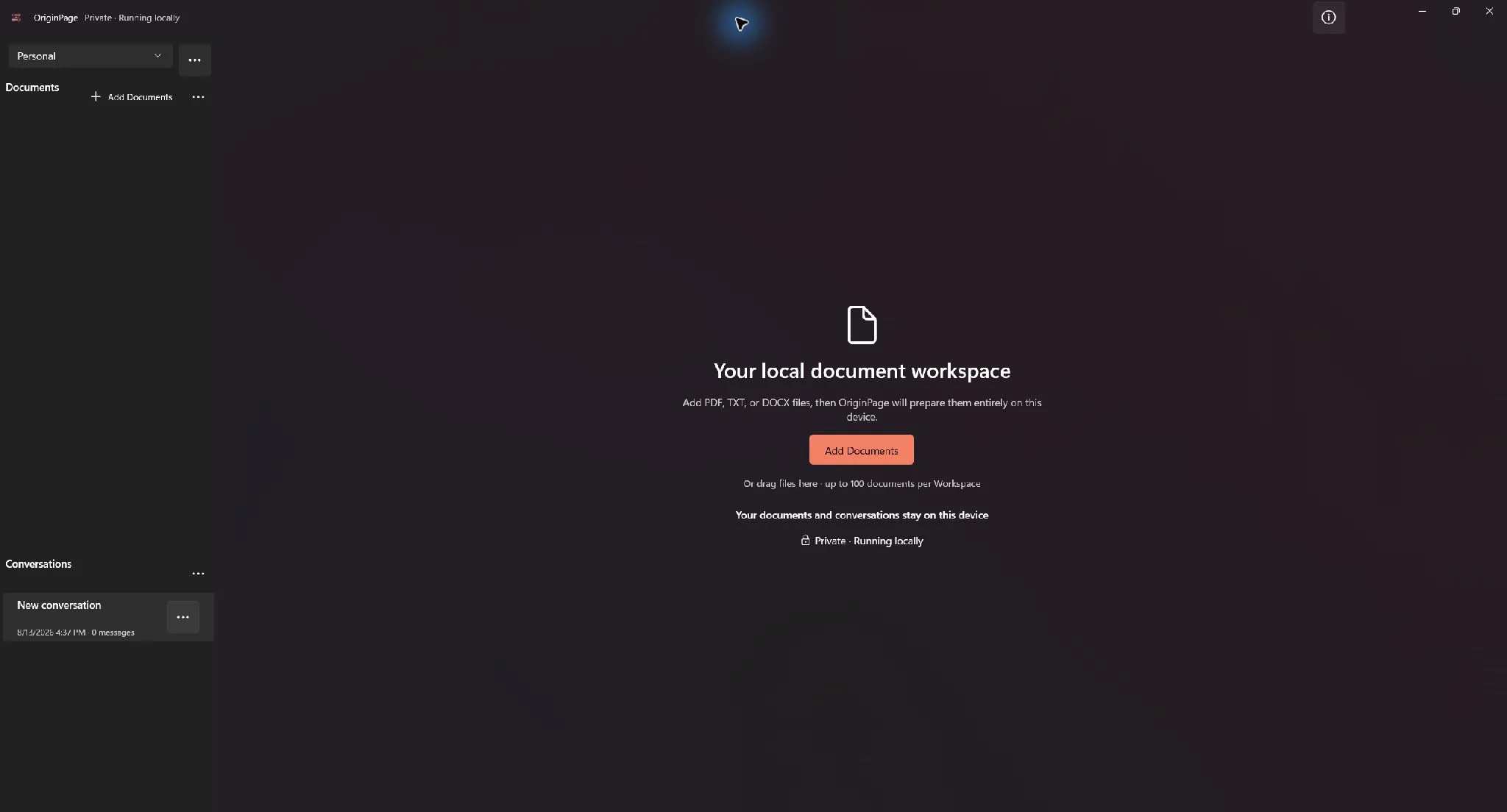 Empty OriginPage Workspace with an Add Documents button and local privacy message