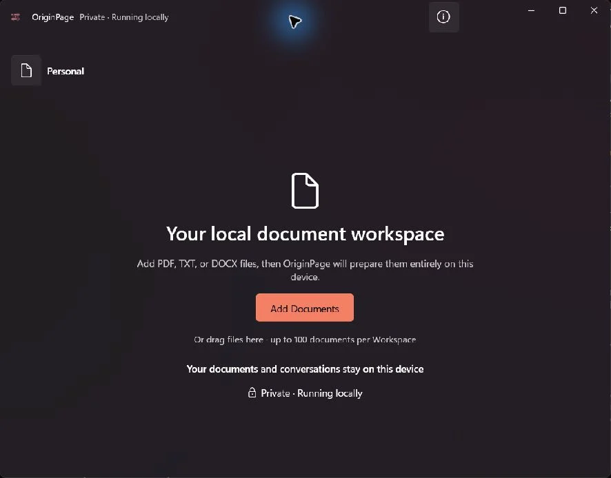 OriginPage in a narrow window with the Personal workspace name, compact document navigation, and the empty Workspace call to action