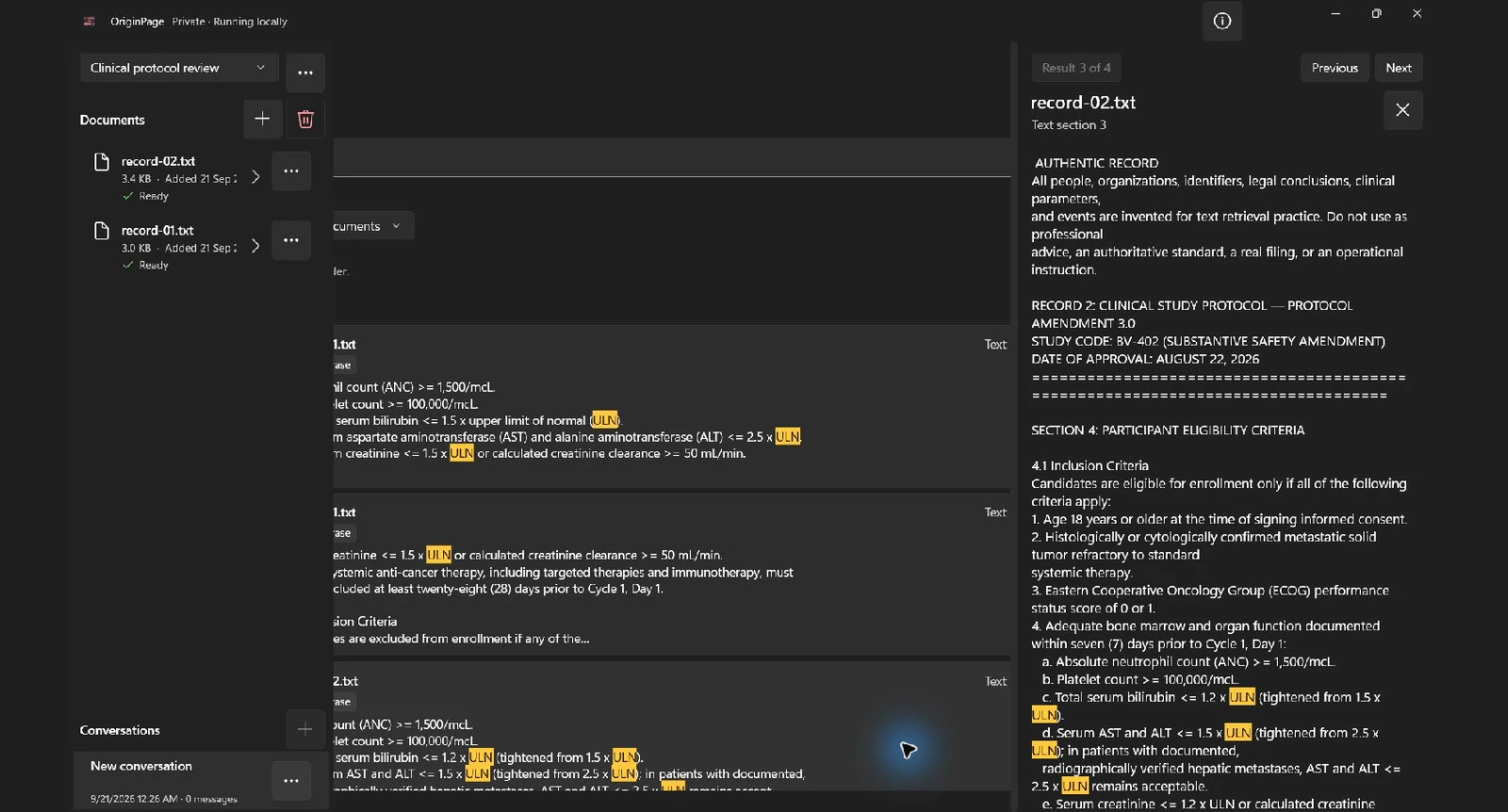 Actual Exact phrase search for ULN returned four passages. Record-02.txt text section 3 shows the fictional amended thresholds and their earlier values in source context.