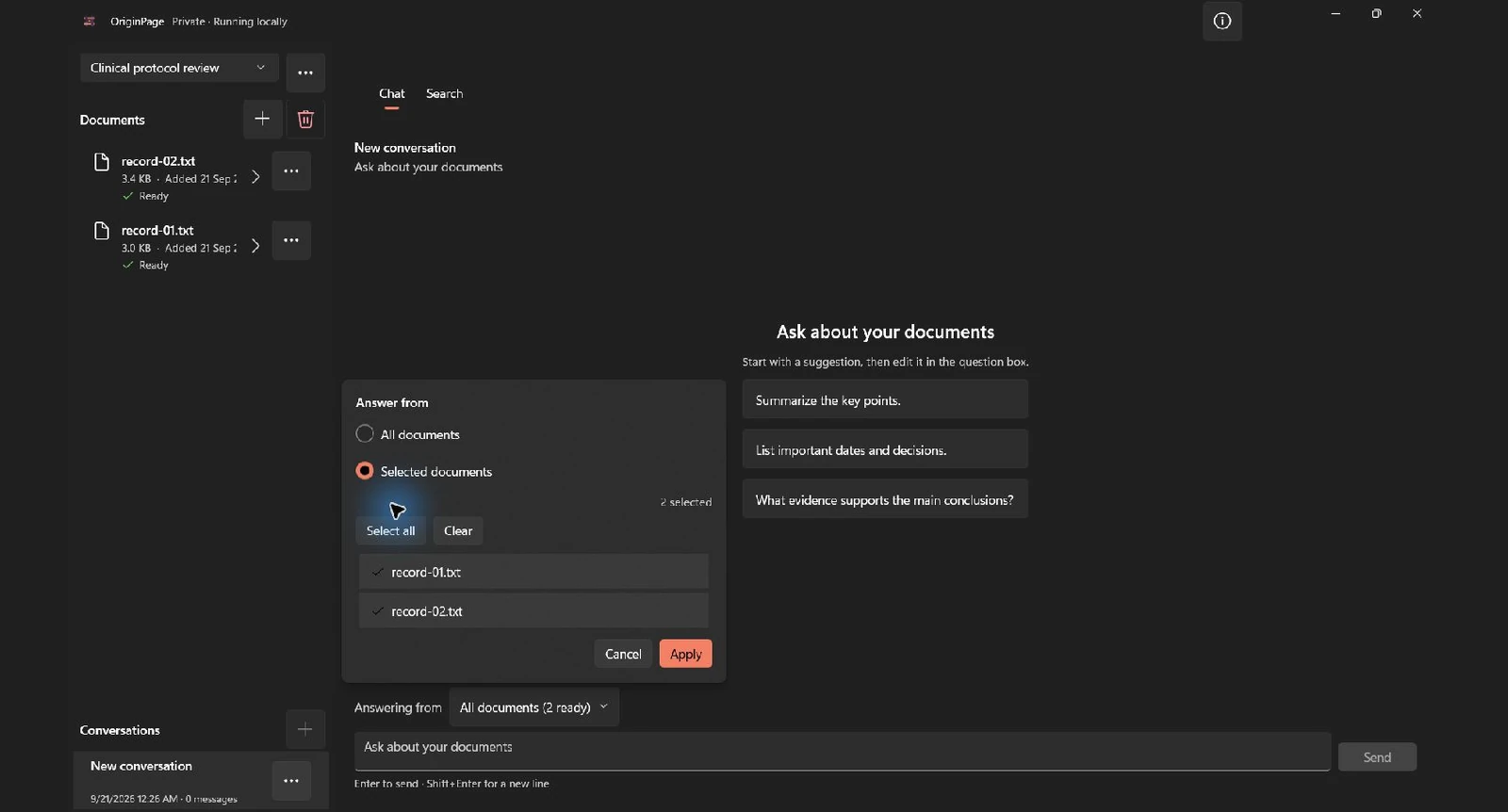 Both separately imported protocol versions, record-01.txt and record-02.txt, are checked in Selected documents before applying the two-record question scope.