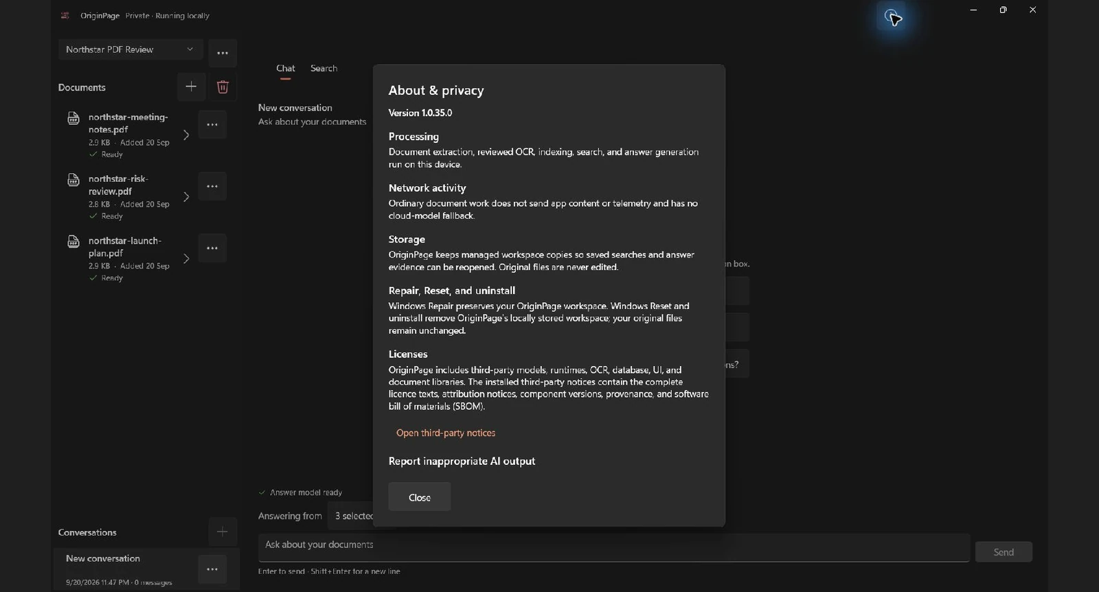 OriginPage About and privacy dialog describing local document and conversation processing
