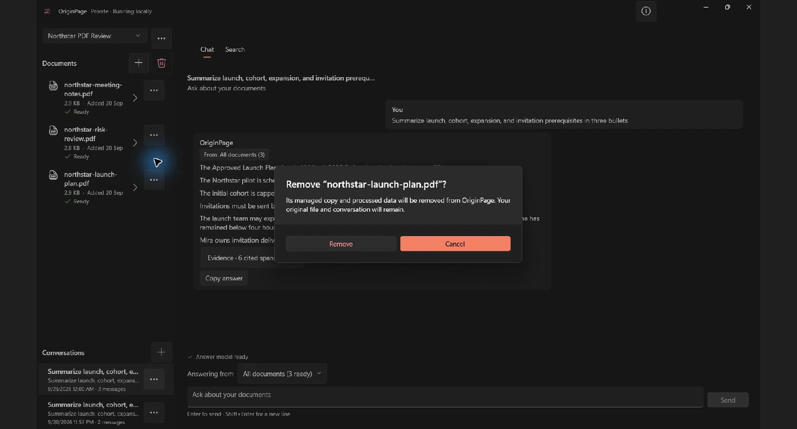 OriginPage confirmation describing removal of a managed document copy and processed data