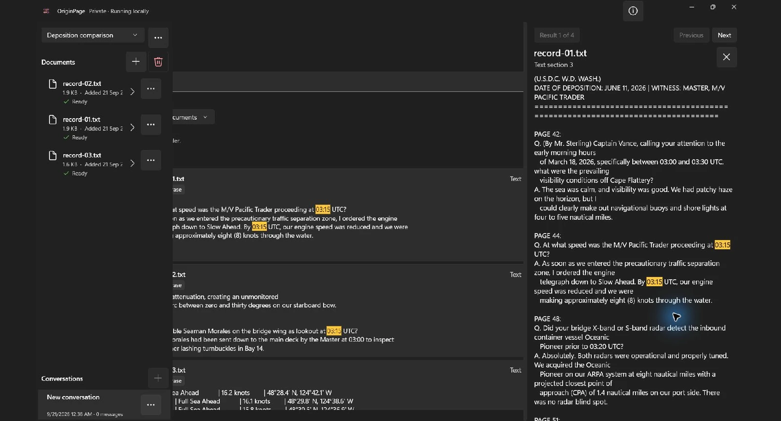 The actual Exact phrase search for 03:15 returned four passages. Record-01.txt text section 3 is open at the fictional captain testimony, preserving the eight-knot statement and surrounding questions.