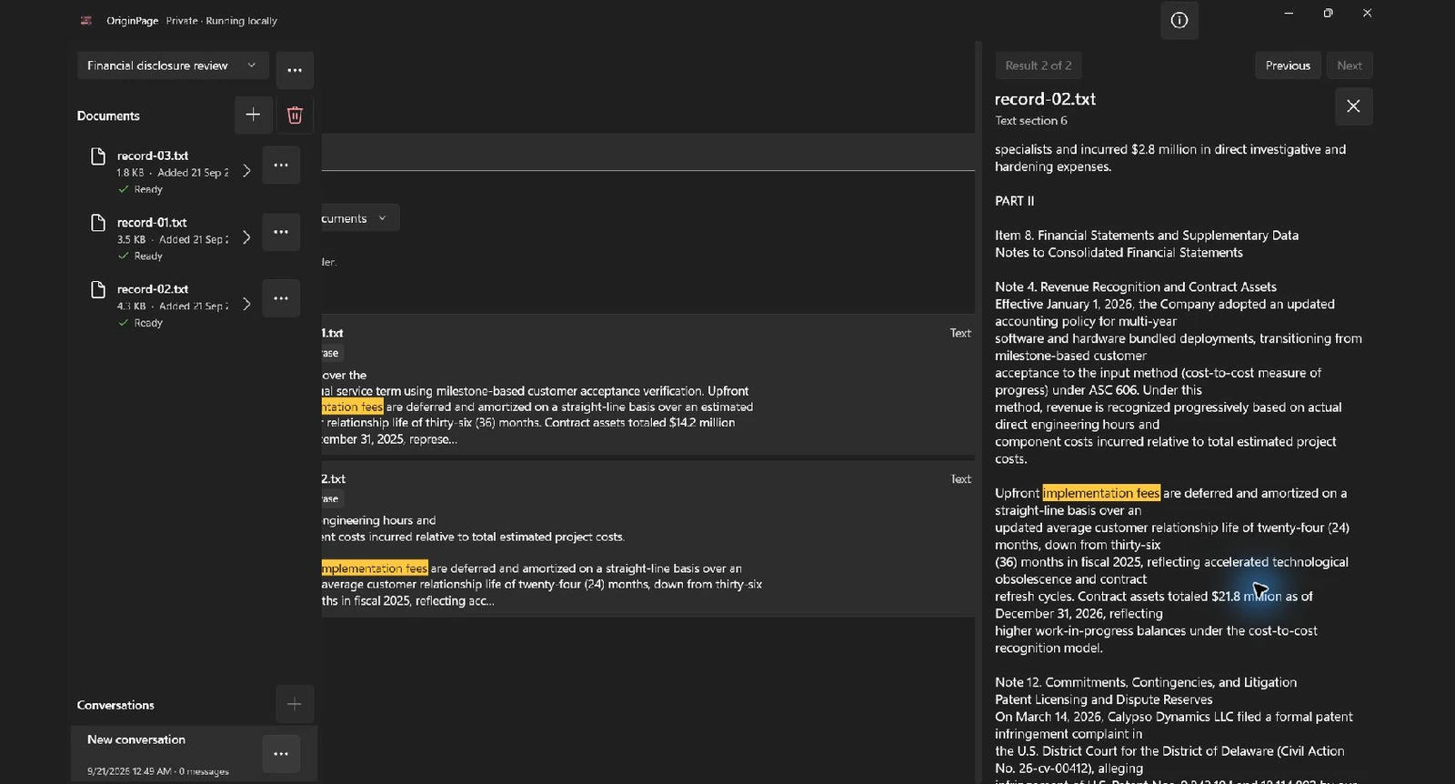 Exact phrase search for implementation fees returned two passages. Record-02.txt text section 6 is open at the fictional change from 36 to 24 months, with surrounding revenue-recognition context.