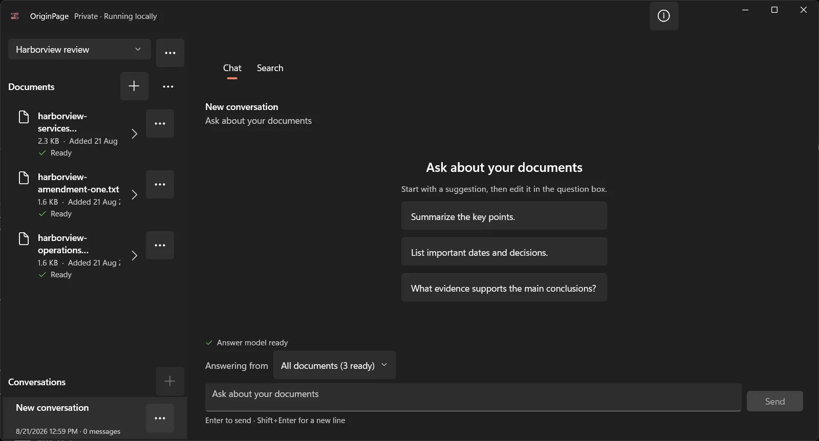 OriginPage Harborview review workspace showing the fictional agreement, amendment, and operations memo marked Ready