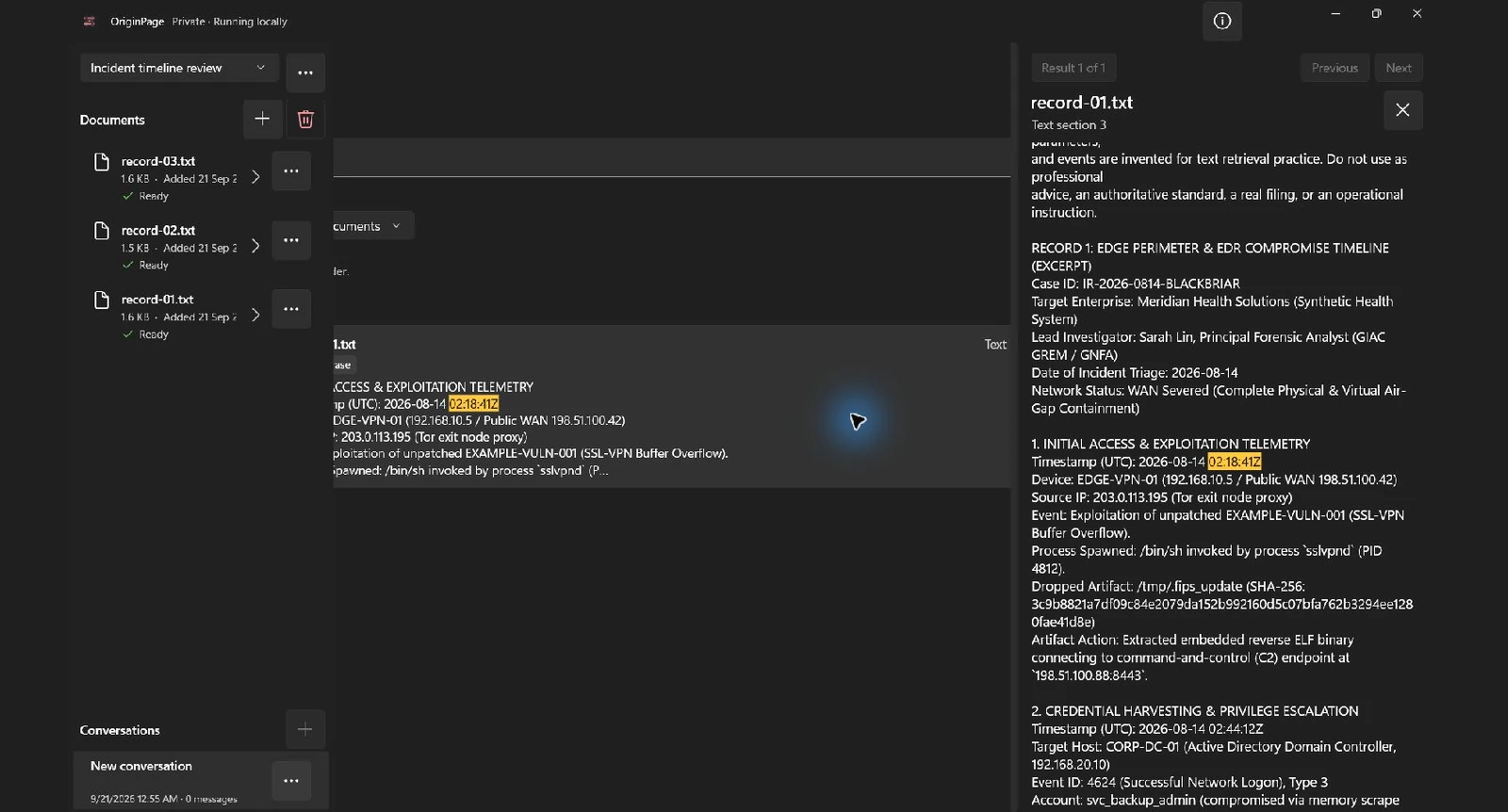 Actual Exact phrase search for 02:18:41Z returned one passage. The source inspector shows record-01.txt, text section 3, and its surrounding fictional incident timeline.
