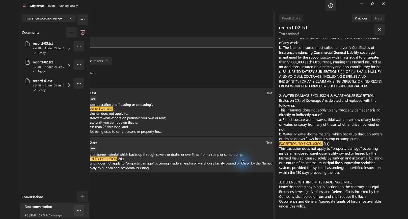 Actual Exact phrase search for EXCEPTION TO EXCLUSION returned two passages. The inspector shows record-02.txt, text section 6, including the fictional warehouse exception and its inspection condition.