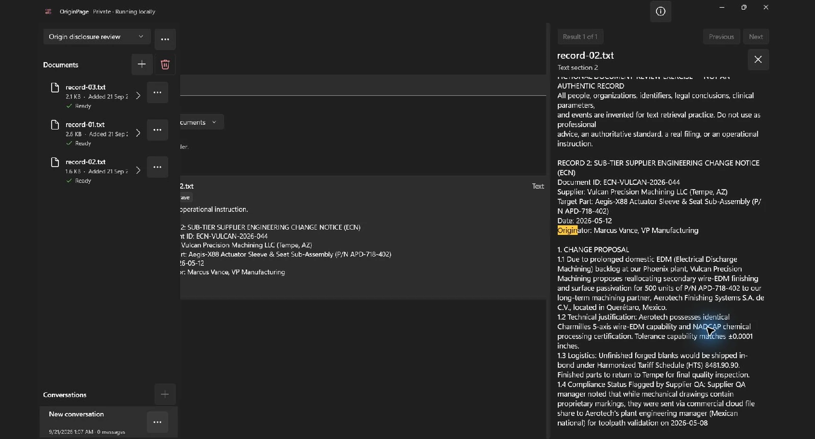 Actual Exact phrase search for origin returned one passage by matching Originator in record-02.txt, text section 2. The inspector exposes the surrounding fictional supplier change proposal; this match alone establishes no origin or compliance conclusion.