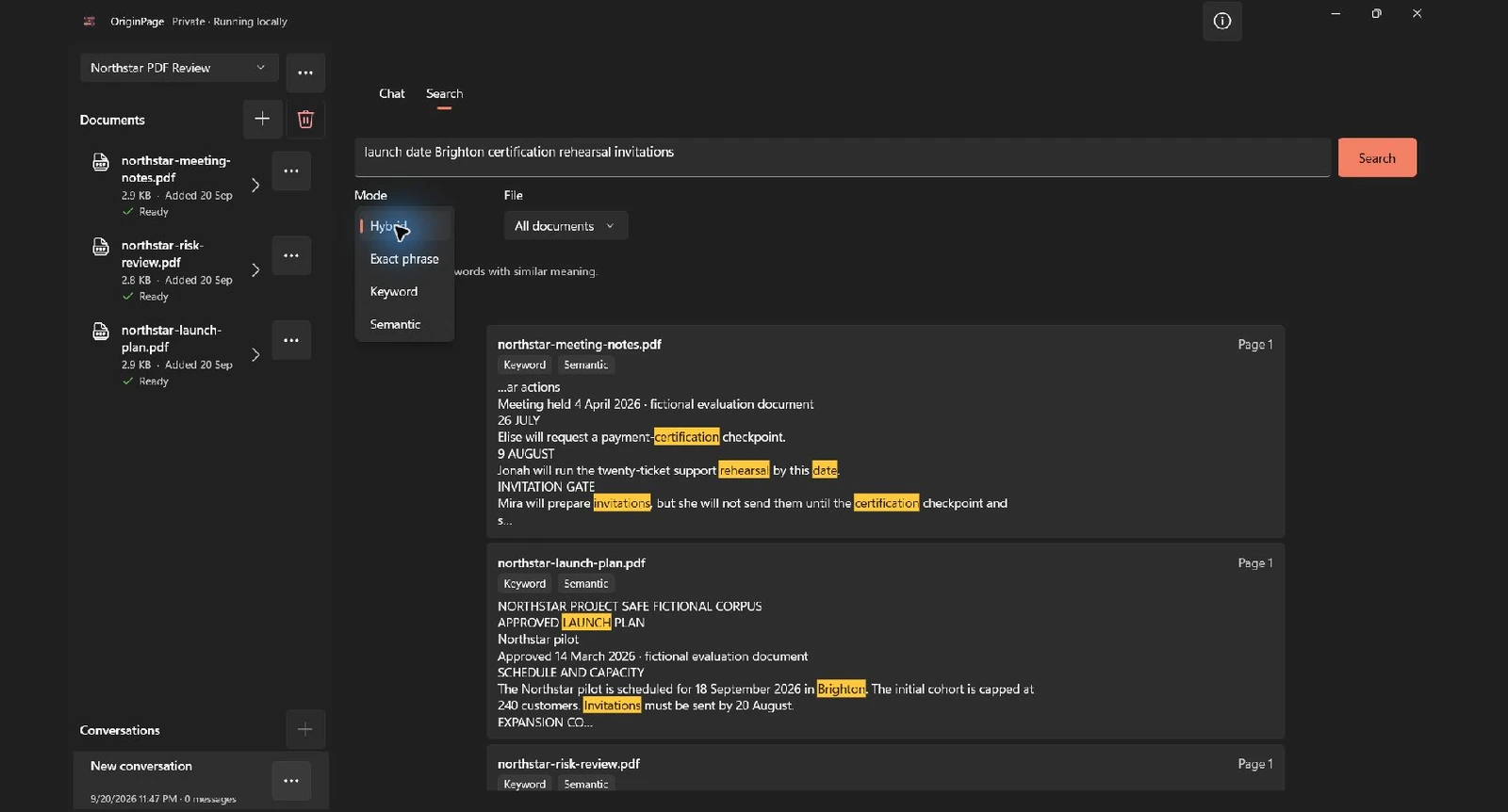 OriginPage search mode menu showing Hybrid, Exact phrase, Keyword, and Semantic options above results from three PDFs