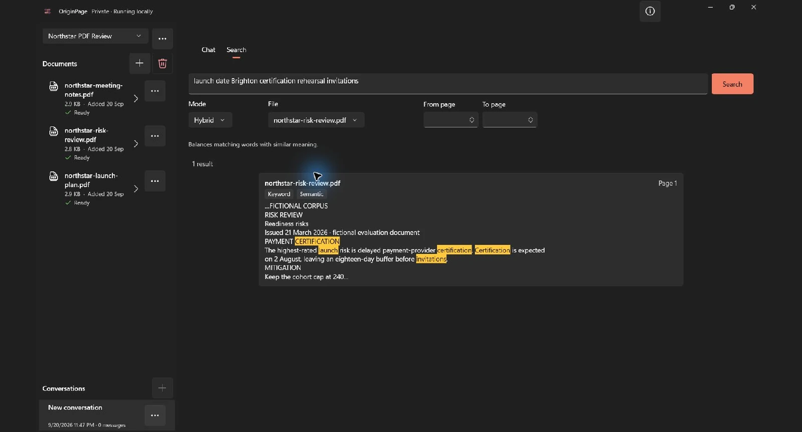 OriginPage Hybrid search filtered to northstar-risk-review.pdf with one highlighted result and page range controls