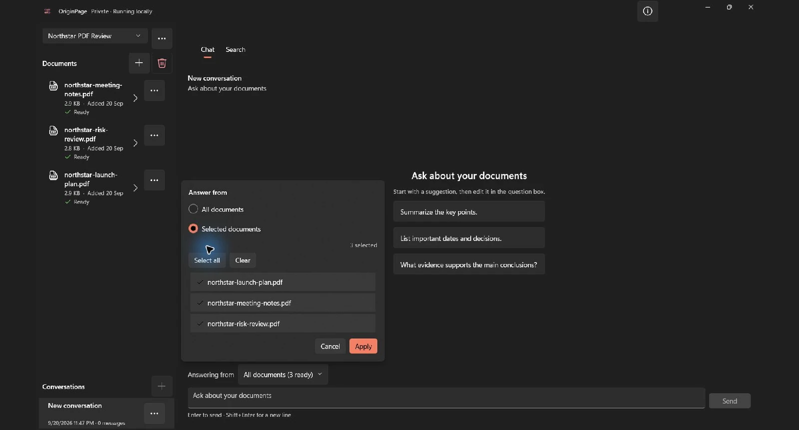 OriginPage Answer from menu showing All documents and Selected documents with the three Northstar PDFs
