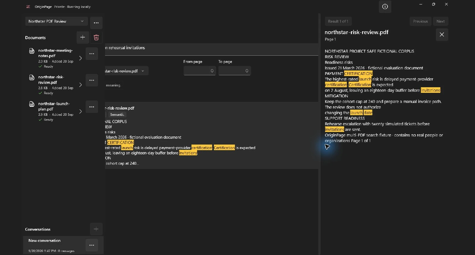 OriginPage source context panel showing the risk review PDF with certification, launch date, and invitations highlighted