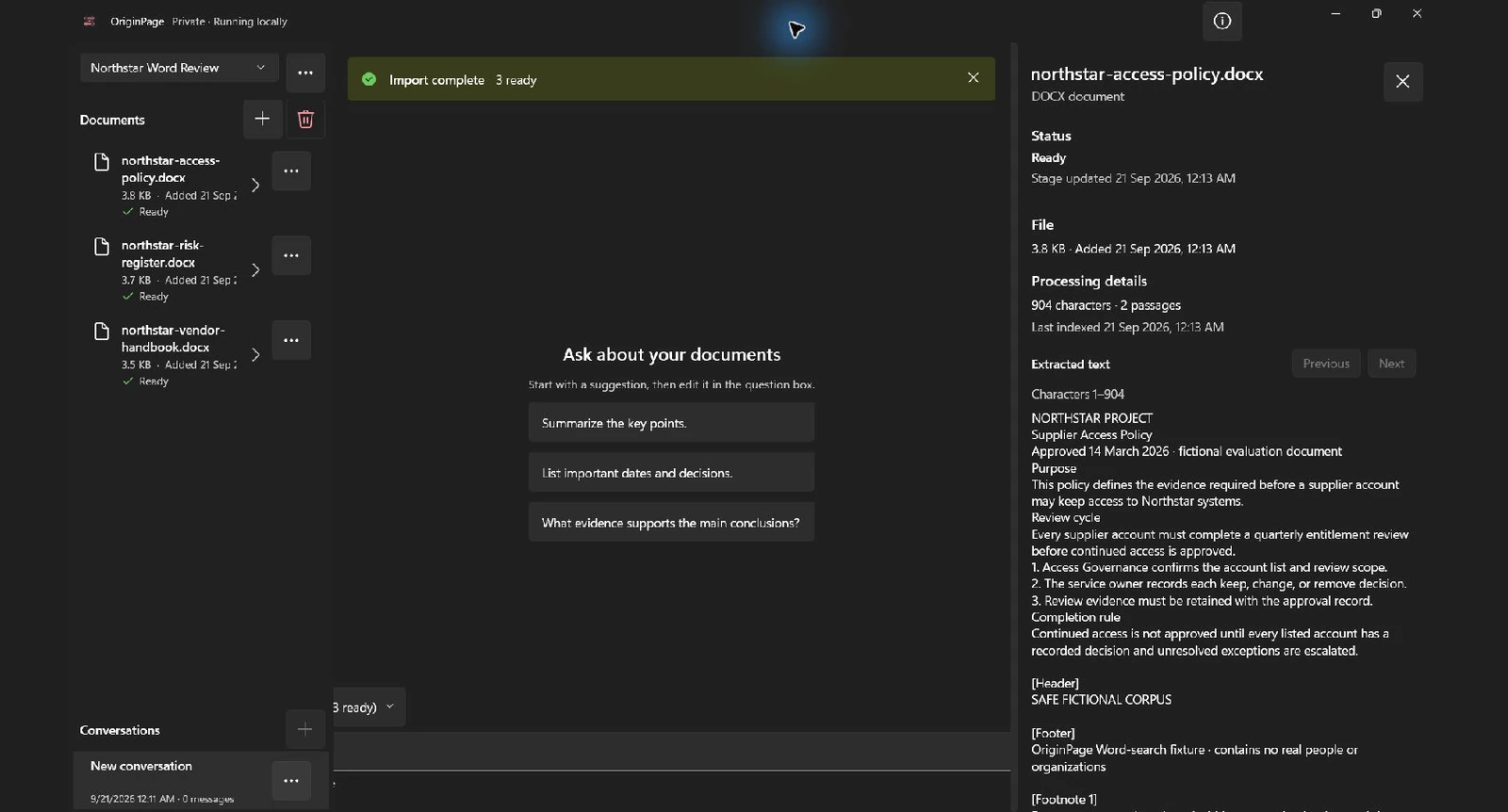 OriginPage Document details displaying retained text from the fictional Word access policy