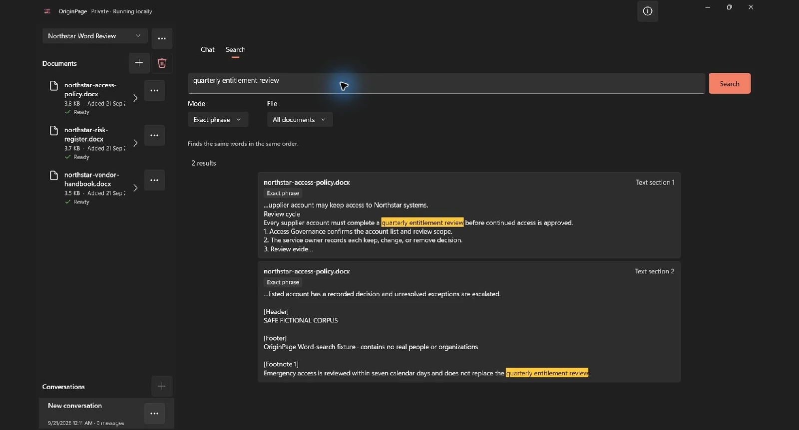OriginPage Exact phrase search finding quarterly entitlement review in the Word access policy