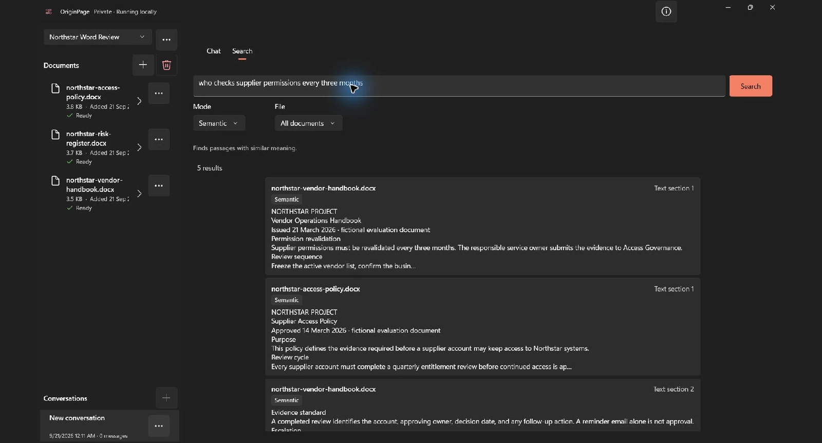 OriginPage Semantic search finding differently worded supplier-permission guidance in the Word handbook