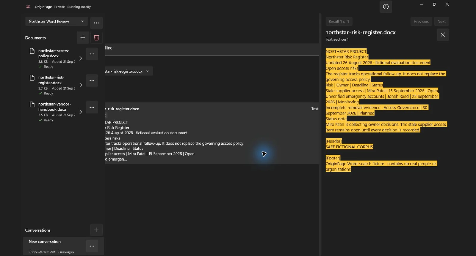 OriginPage source context showing retained text from the fictional Word risk register beside the search result
