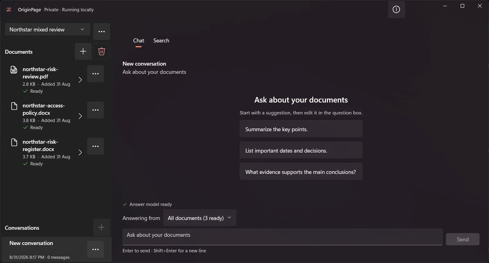 OriginPage Workspace containing a fictional PDF and two fictional Word documents, all ready for local search