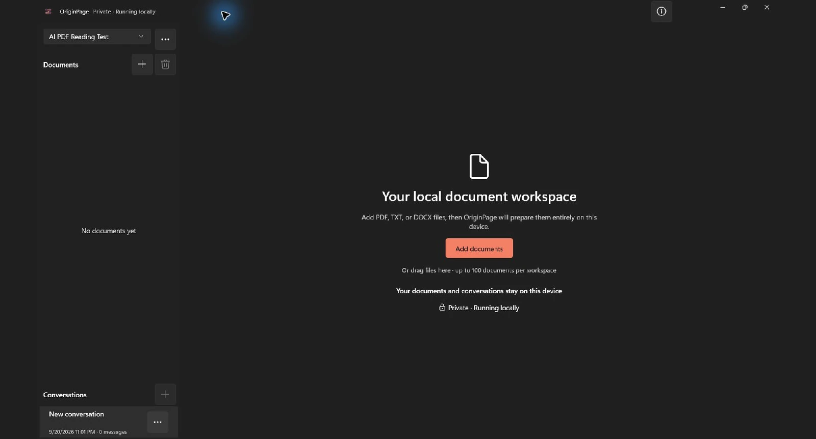 Empty OriginPage workspace on Windows with an Add Documents button and the message that documents and conversations stay on this device