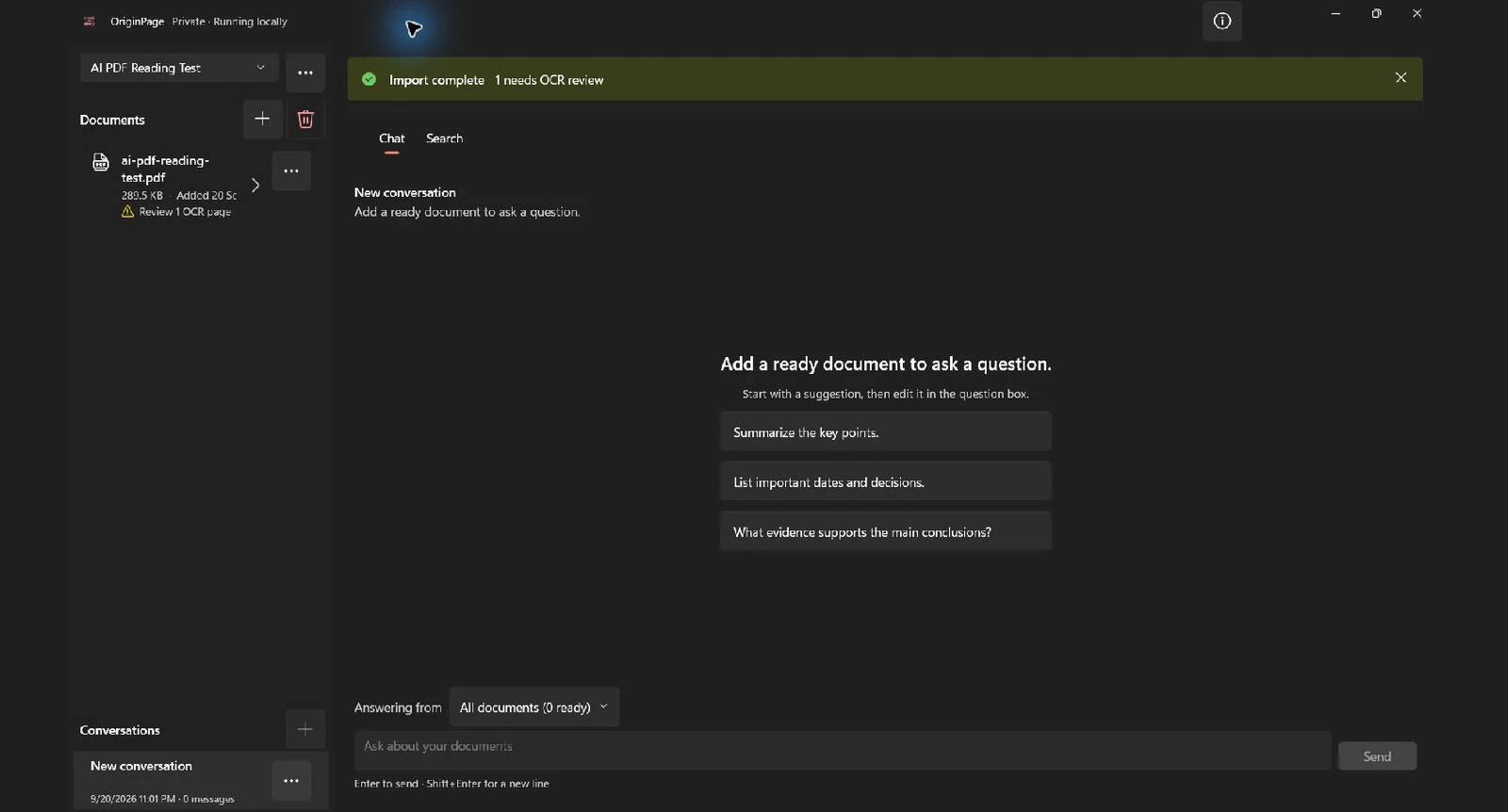 OriginPage holding a scanned page for OCR review before a fictional PDF becomes ready