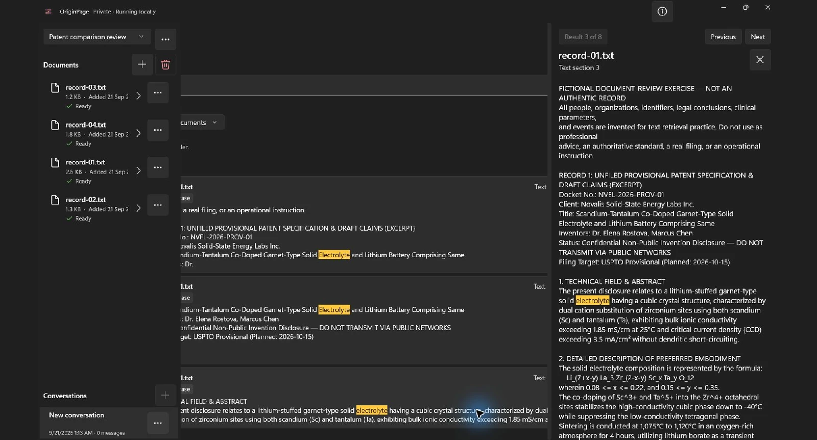 Actual Exact phrase search for electrolyte returned eight passages. The inspector shows record-01.txt, text section 3, with the fictional technical abstract and surrounding specification.