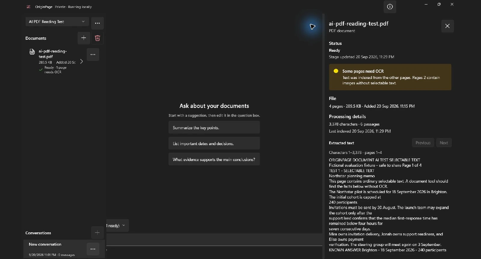 OriginPage Document details panel showing Ready status, index facts, and an extracted-text preview