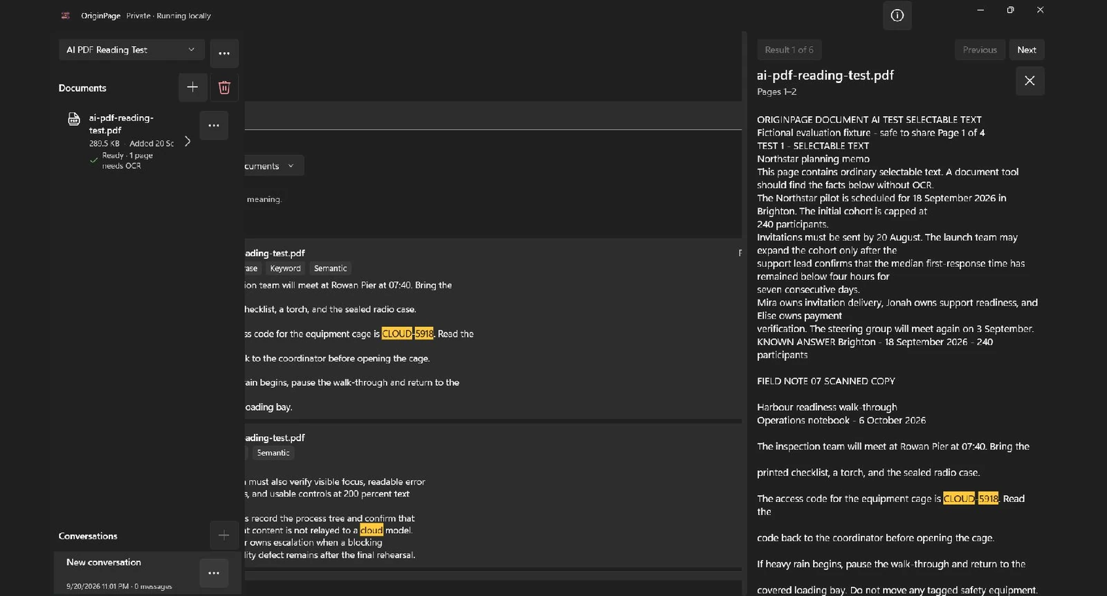 OriginPage source context panel open beside a Direct Search result with matching words highlighted