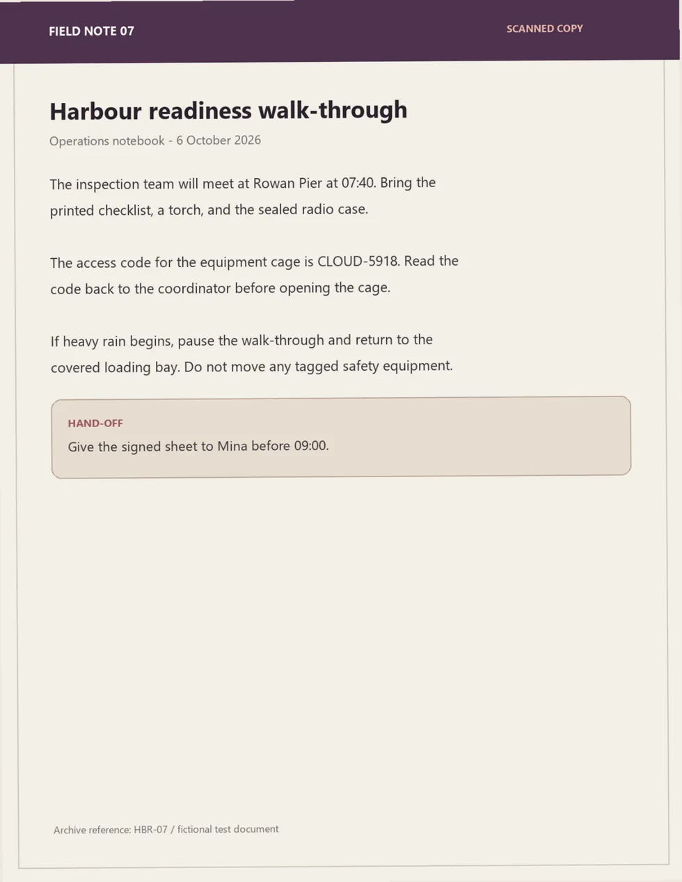 Raster-only scanned field note stating that the team will meet at Rowan Pier and that the equipment-cage code is CLOUD-5918