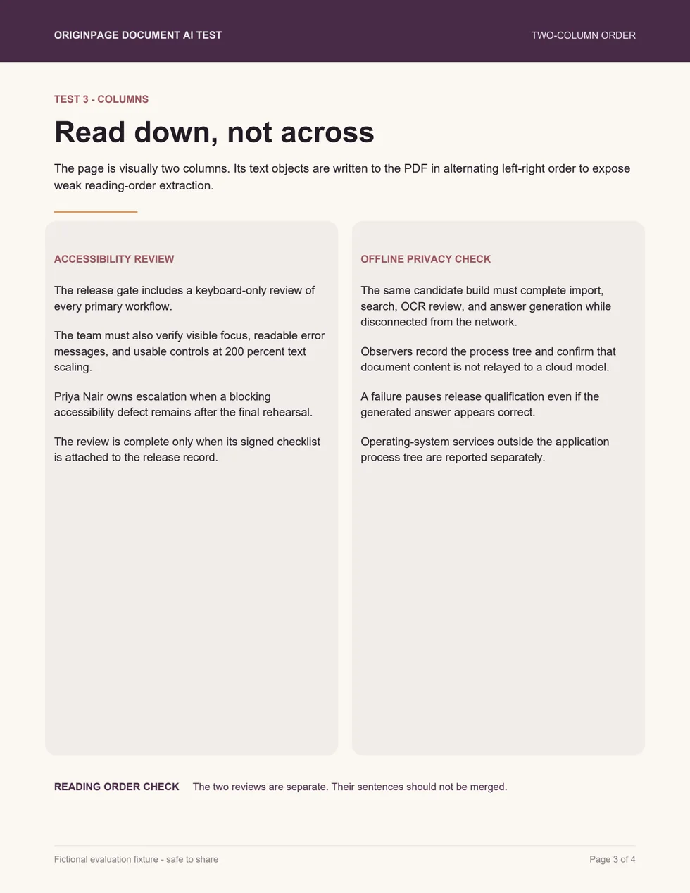 Two-column test page with an Accessibility Review in the left column and an Offline Privacy Check in the right column