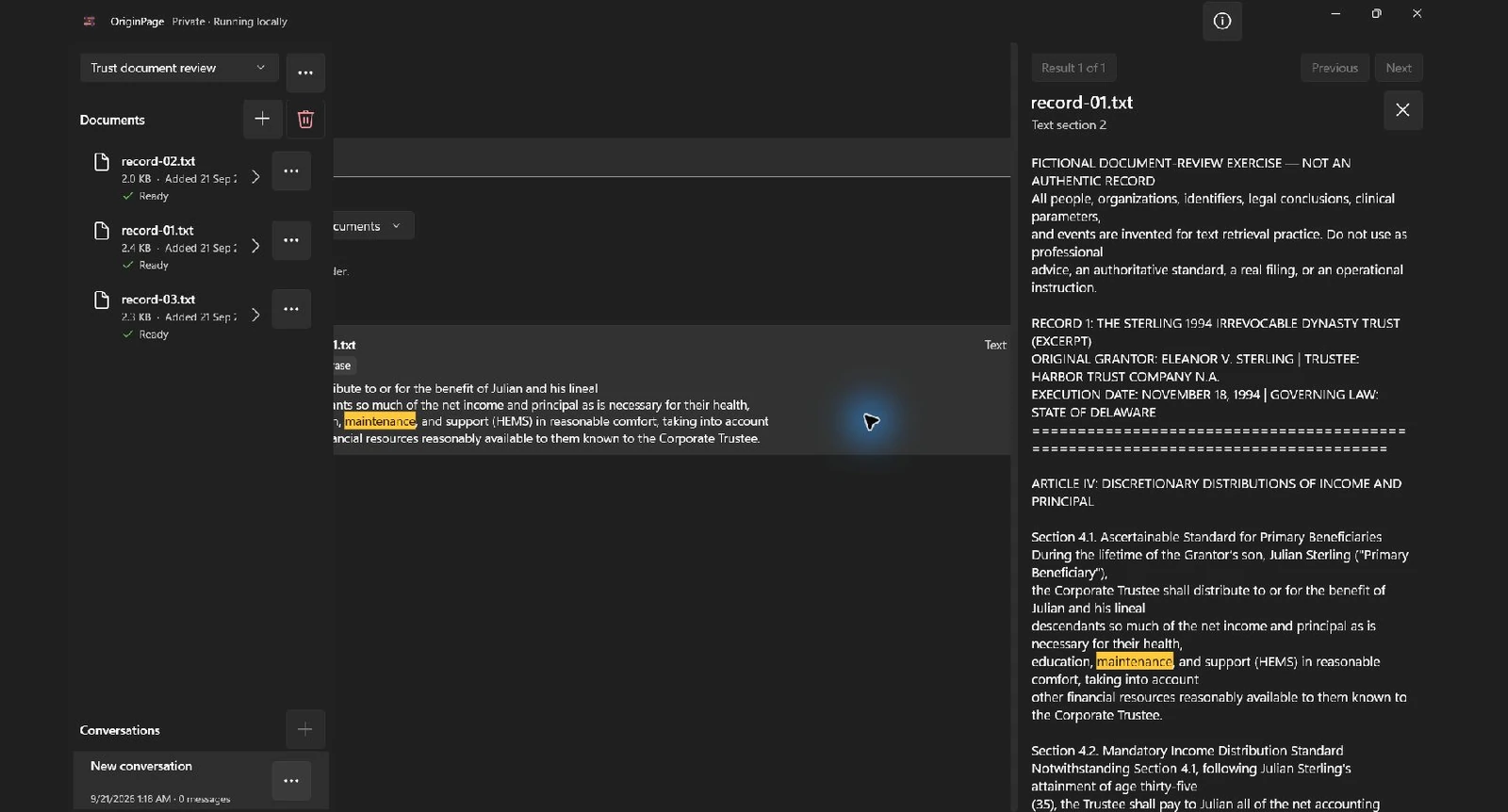 Actual Exact phrase search for maintenance returned one passage. The inspector shows record-01.txt, text section 2, including the fictional distribution standard and its other-financial-resources qualification.