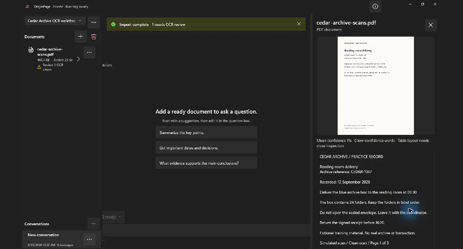 OriginPage showing the clean scanned page and its recognized text, including CEDAR-1047 and the complete handling instructions
