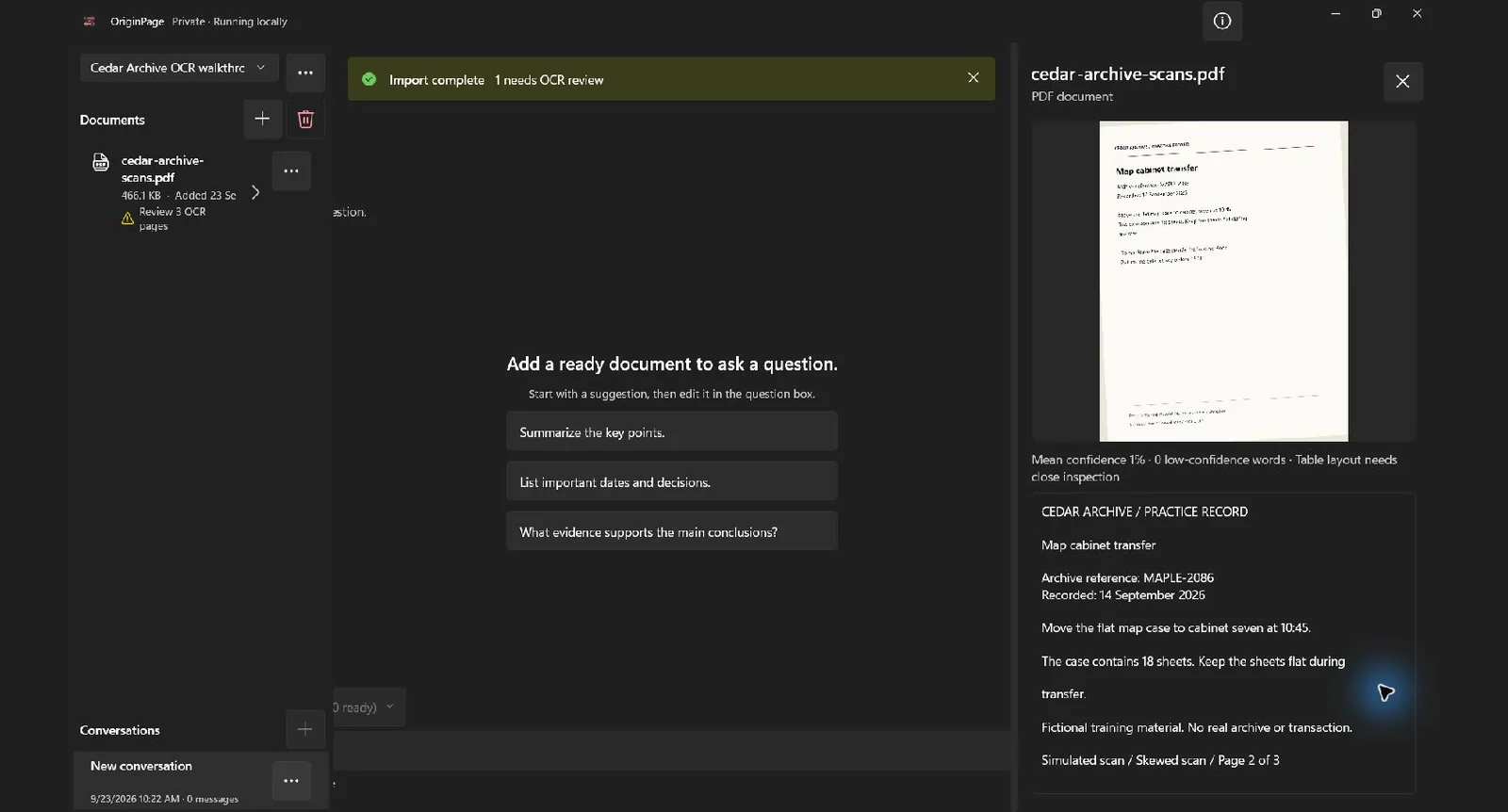 OCR review of the tilted map-cabinet record, where recognized text jumps from the transfer instruction to the fictional-material footer