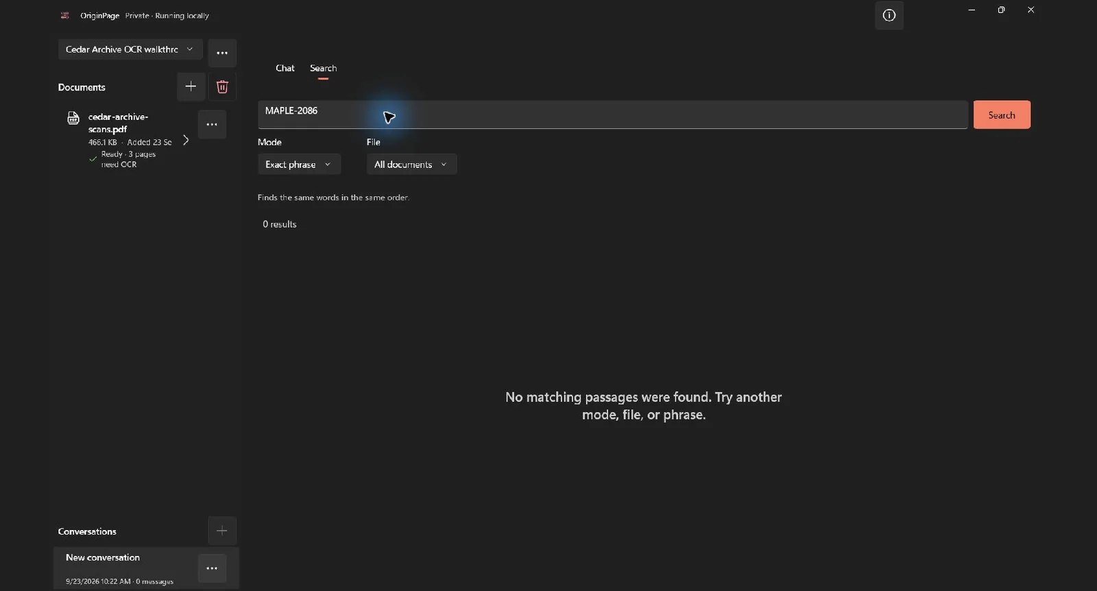 Exact phrase search for MAPLE-2086 showing zero results after page two was excluded