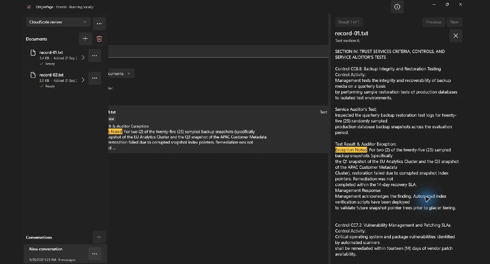 Actual Exact phrase search for Exception Noted returned one passage. The inspector shows record-01.txt, text section 6, with the fictional backup-restoration exception, sample size, missed deadline, and management response.