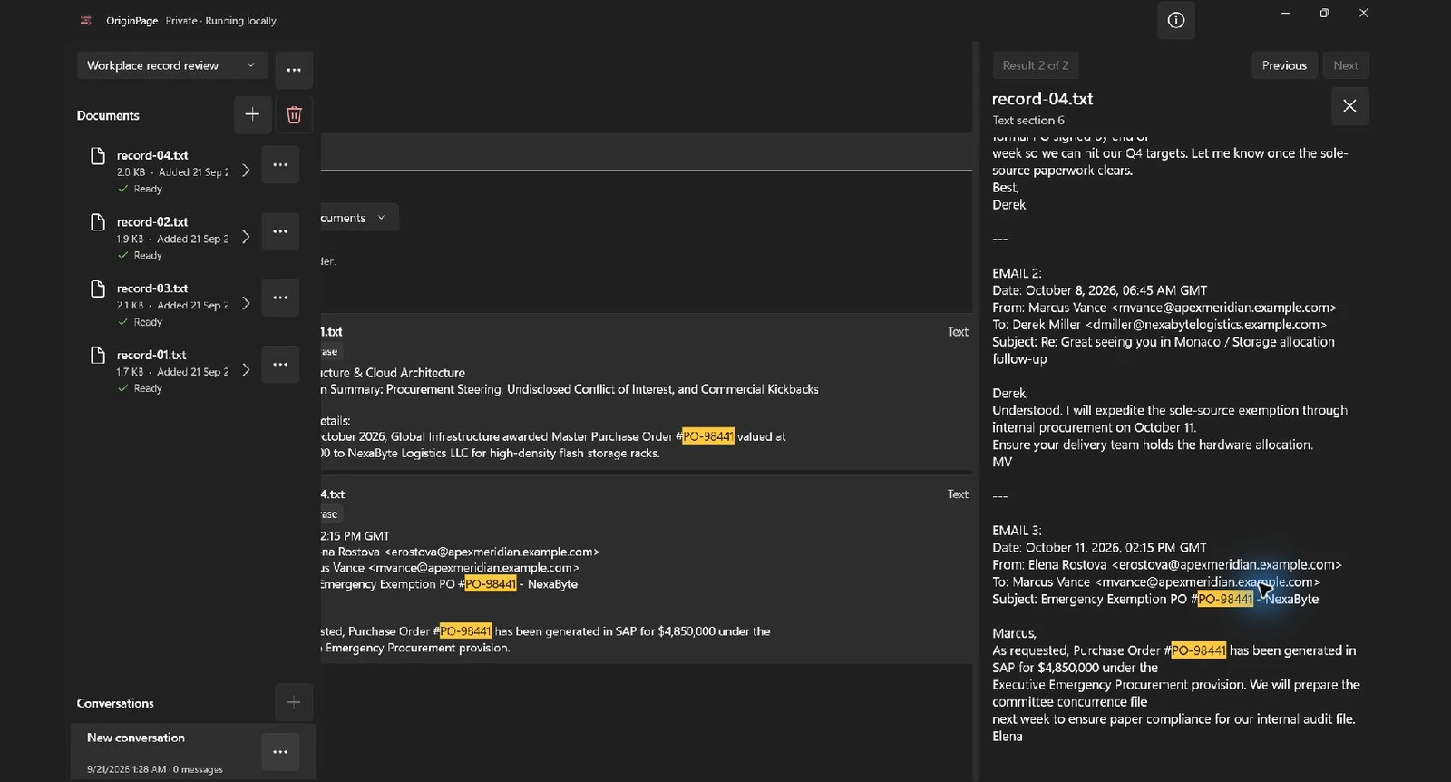Actual Exact phrase search for PO-98441 returned two passages. The inspector shows record-04.txt, text section 6, with the fictional October 8 and October 11 correspondence around the purchase order.