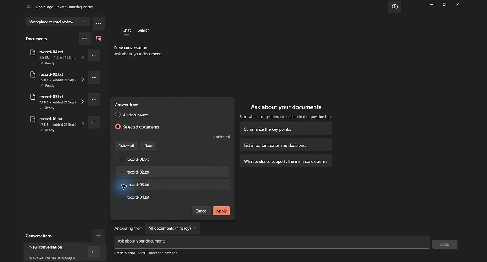 Records 02 and 03 are selected for the account comparison; records 01 and 04 are excluded. This selection was applied after capture.