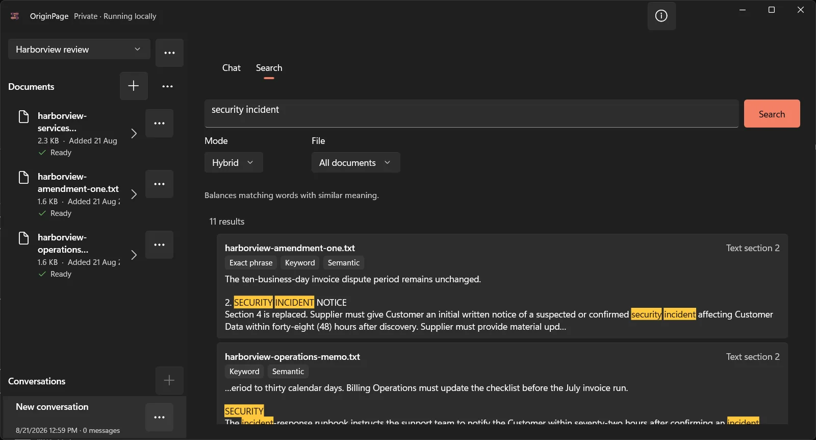 OriginPage Hybrid search for security incident returning highlighted passages from the amendment, operations memo, and services agreement
