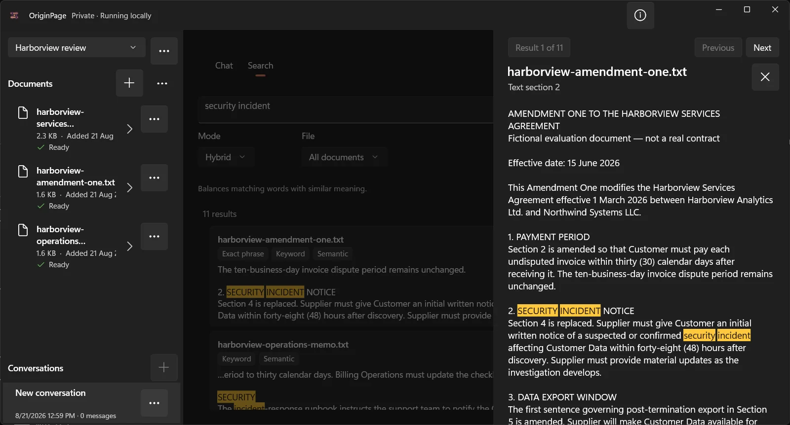 OriginPage Direct Search across three fictional Harborview files with a highlighted amendment result and its full source context open